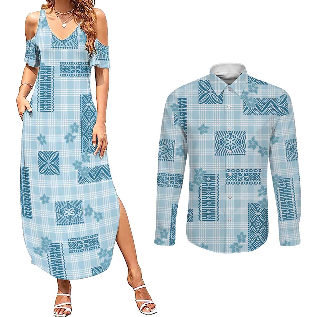 Hawaiian Quilt Tapa On Cold Blue Palaka Motifs Couples Matching Summer Maxi Dress and Long Sleeve Button Shirt