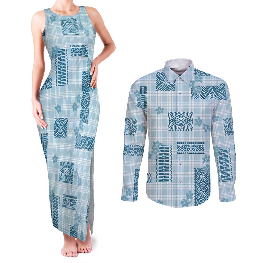 Hawaiian Quilt Tapa On Cold Blue Palaka Motifs Couples Matching Tank Maxi Dress and Long Sleeve Button Shirt LT7 Azure - Polynesian Pride