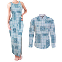 Hawaiian Quilt Tapa On Cold Blue Palaka Motifs Couples Matching Tank Maxi Dress and Long Sleeve Button Shirt LT7 Azure - Polynesian Pride