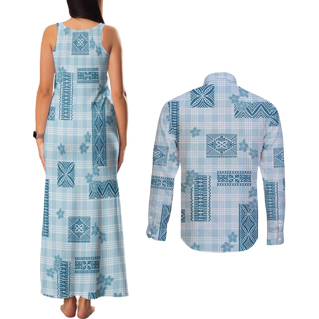 Hawaiian Quilt Tapa On Cold Blue Palaka Motifs Couples Matching Tank Maxi Dress and Long Sleeve Button Shirt LT7 - Polynesian Pride