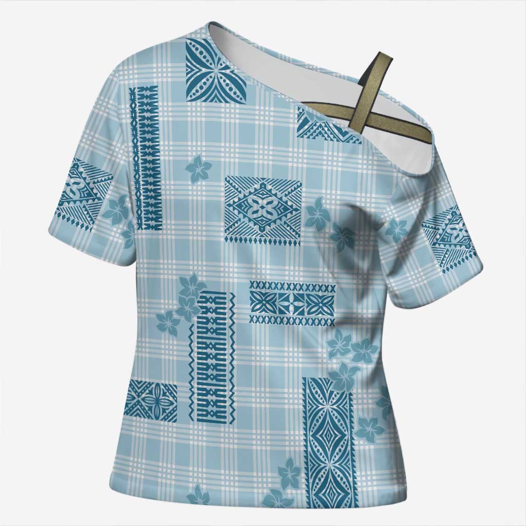 Hawaiian Quilt Tapa On Cold Blue Palaka Motifs Cross Shoulder Shirt