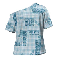 Hawaiian Quilt Tapa On Cold Blue Palaka Motifs Cross Shoulder Shirt