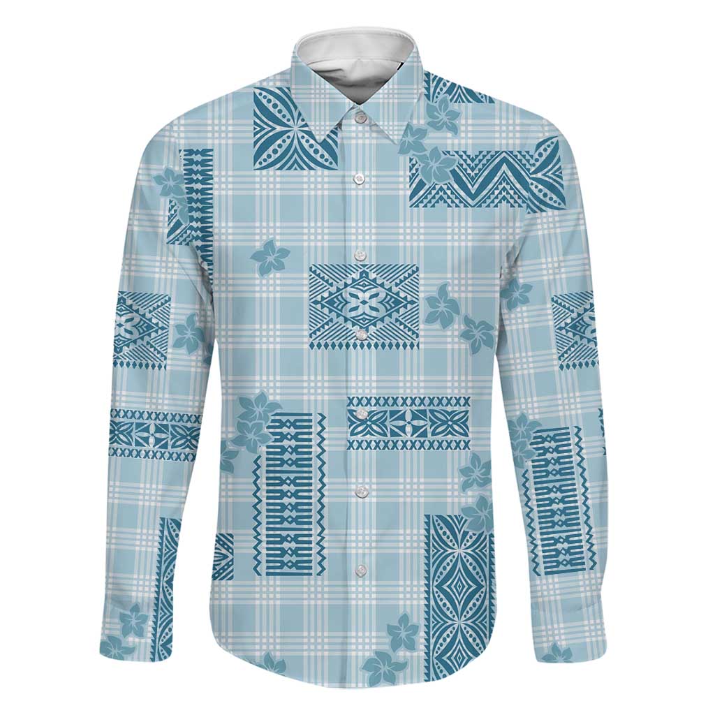Hawaiian Quilt Tapa On Cold Blue Palaka Motifs Family Matching Long Sleeve Bodycon Dress and Hawaiian Shirt LT7 Dad's Shirt - Long Sleeve Azure - Polynesian Pride
