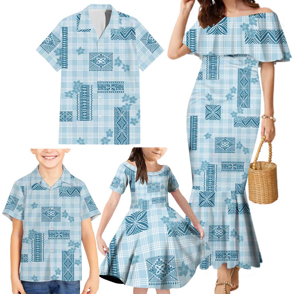 Hawaiian Quilt Tapa On Cold Blue Palaka Motifs Family Matching Mermaid Dress and Hawaiian Shirt