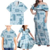 Hawaiian Quilt Tapa On Cold Blue Palaka Motifs Family Matching Off Shoulder Maxi Dress and Hawaiian Shirt LT7 - Polynesian Pride