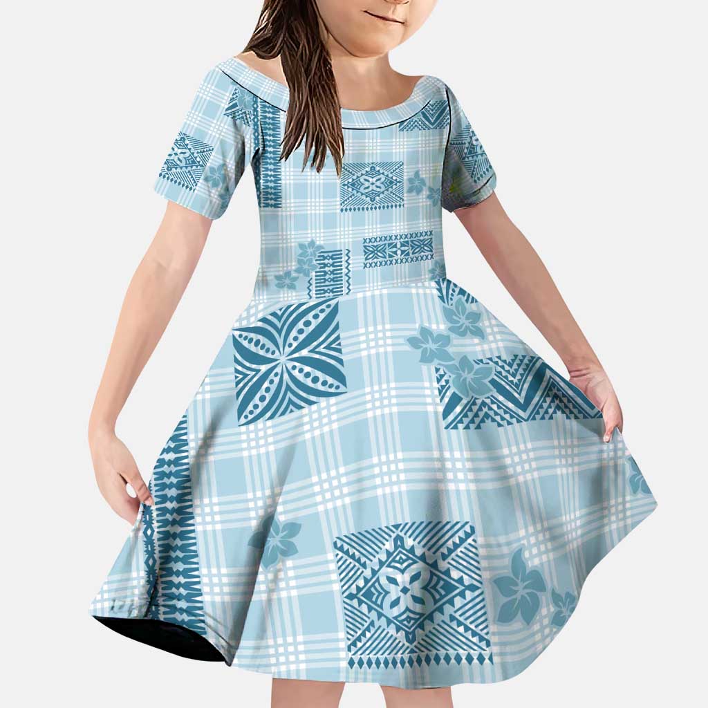 Hawaiian Quilt Tapa On Cold Blue Palaka Motifs Family Matching Off Shoulder Short Dress and Hawaiian Shirt LT7 Daughter's Dress Azure - Polynesian Pride