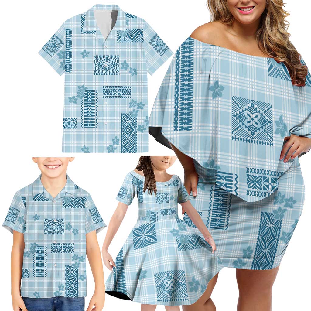 Hawaiian Quilt Tapa On Cold Blue Palaka Motifs Family Matching Off Shoulder Short Dress and Hawaiian Shirt LT7 - Polynesian Pride