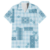 Hawaiian Quilt Tapa On Cold Blue Palaka Motifs Family Matching Off Shoulder Short Dress and Hawaiian Shirt LT7 Dad's Shirt - Short Sleeve Azure - Polynesian Pride