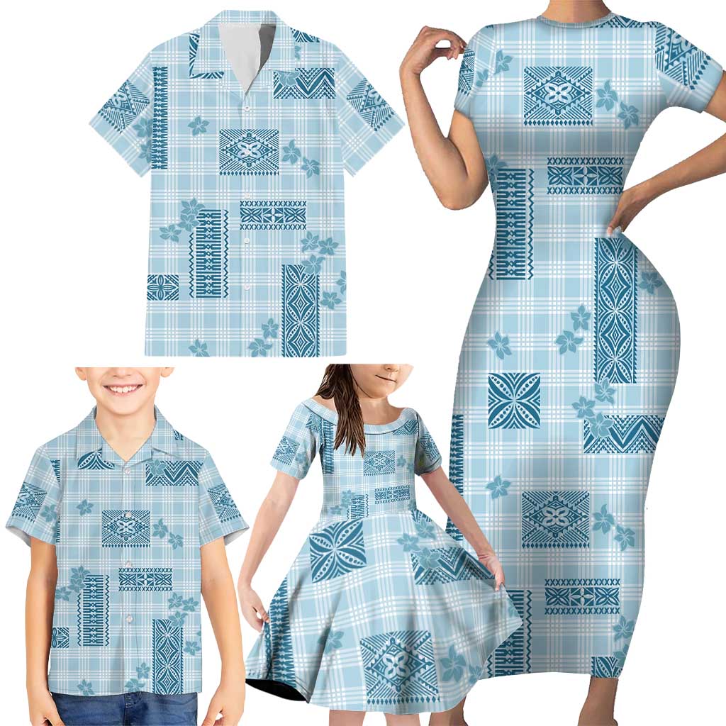 Hawaiian Quilt Tapa On Cold Blue Palaka Motifs Family Matching Short Sleeve Bodycon Dress and Hawaiian Shirt LT7 - Polynesian Pride
