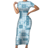 Hawaiian Quilt Tapa On Cold Blue Palaka Motifs Family Matching Short Sleeve Bodycon Dress and Hawaiian Shirt LT7 Mom's Dress Azure - Polynesian Pride