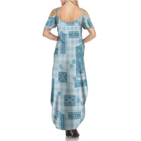 Hawaiian Quilt Tapa On Cold Blue Palaka Motifs Family Matching Summer Maxi Dress and Hawaiian Shirt LT7 - Polynesian Pride
