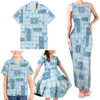 Hawaiian Quilt Tapa On Cold Blue Palaka Motifs Family Matching Tank Maxi Dress and Hawaiian Shirt LT7 - Polynesian Pride