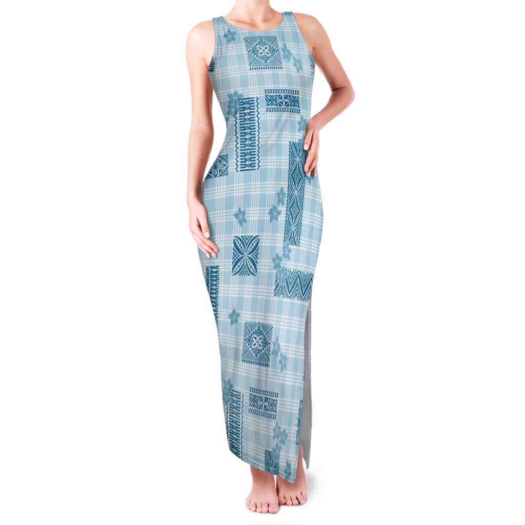 Hawaiian Quilt Tapa On Cold Blue Palaka Motifs Family Matching Tank Maxi Dress and Hawaiian Shirt LT7 Mom's Dress Azure - Polynesian Pride
