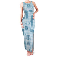Hawaiian Quilt Tapa On Cold Blue Palaka Motifs Family Matching Tank Maxi Dress and Hawaiian Shirt LT7 Mom's Dress Azure - Polynesian Pride