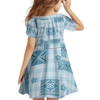 Hawaiian Quilt Tapa On Cold Blue Palaka Motifs Kid Short Sleeve Dress