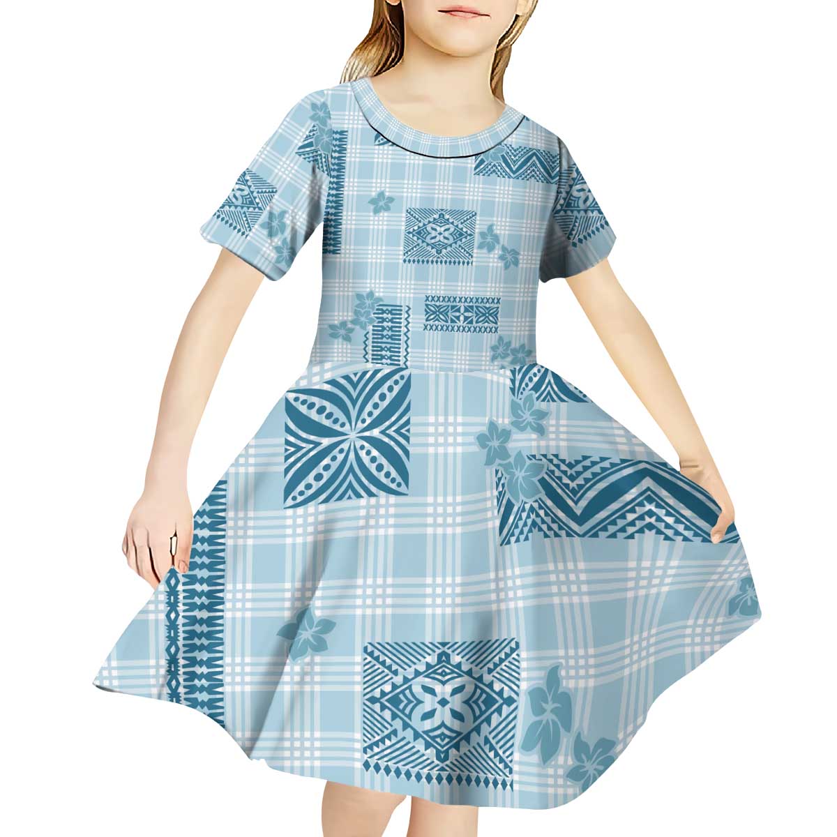 Hawaiian Quilt Tapa On Cold Blue Palaka Motifs Kid Short Sleeve Dress