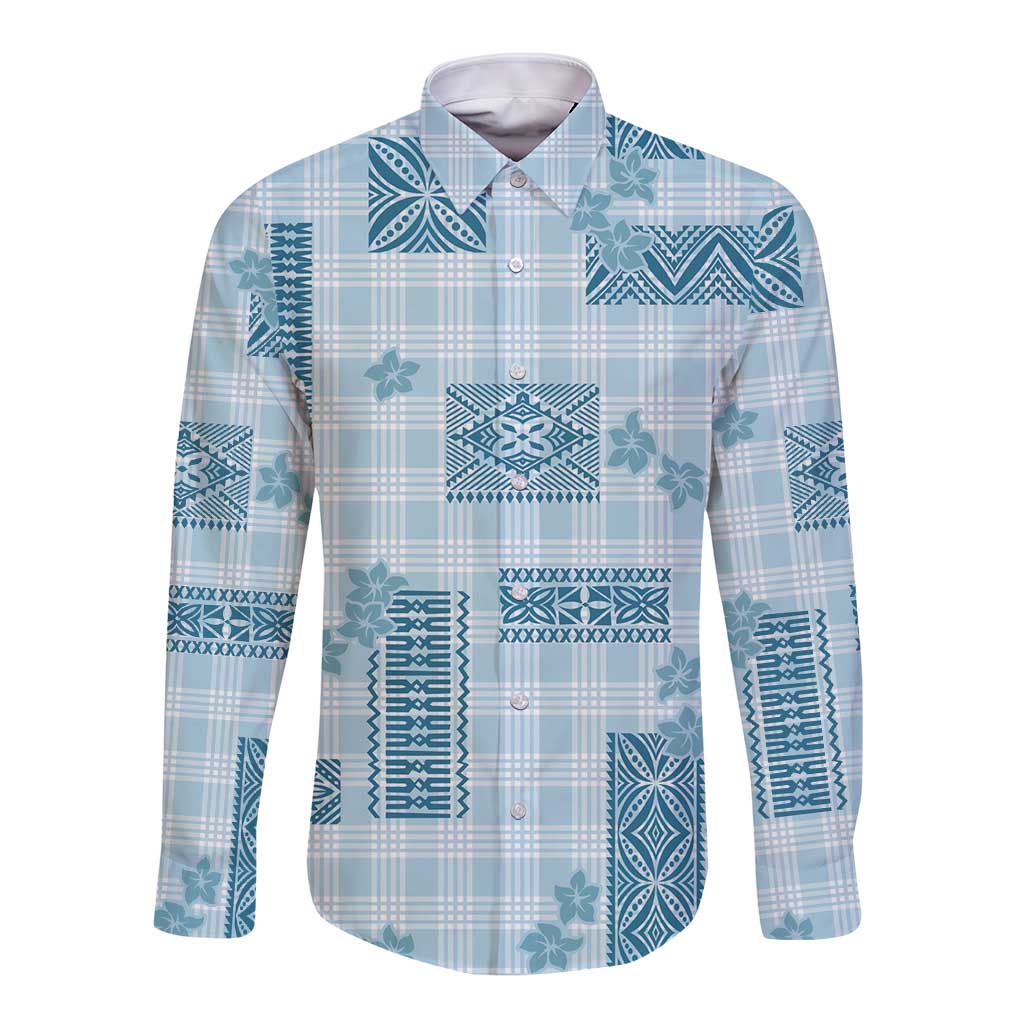 Hawaiian Quilt Tapa On Cold Blue Palaka Motifs Long Sleeve Button Shirt