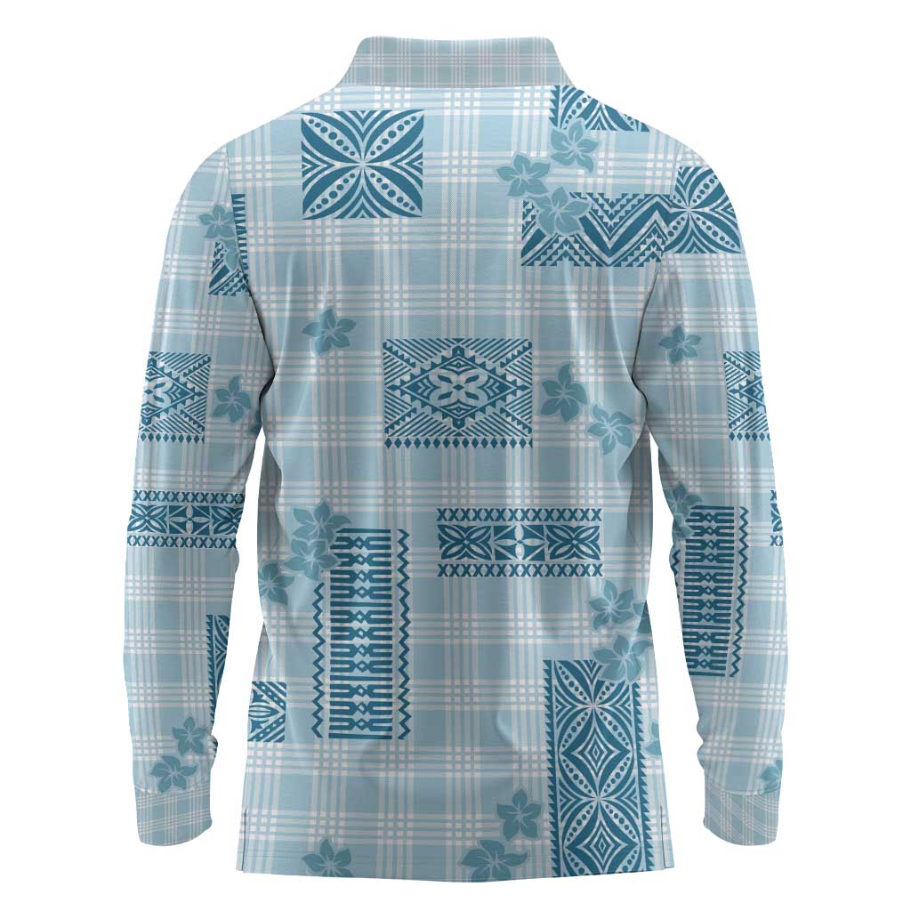 Hawaiian Quilt Tapa On Cold Blue Palaka Motifs Long Sleeve Polo Shirt