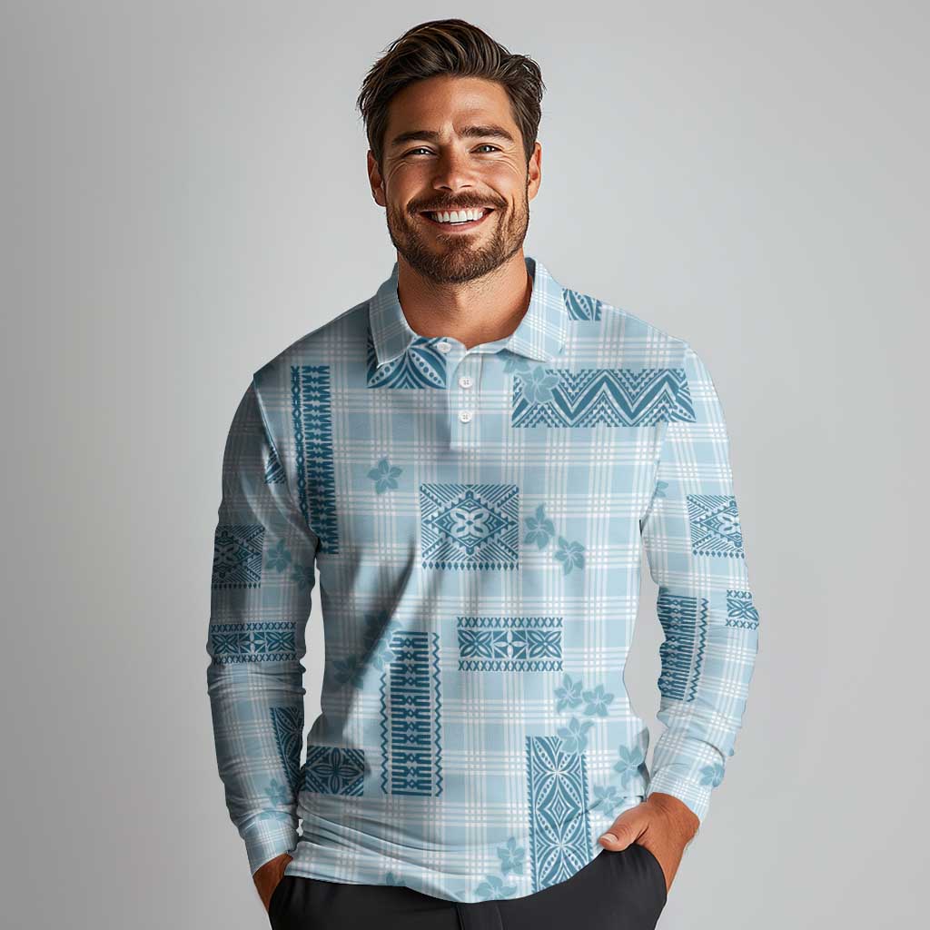 Hawaiian Quilt Tapa On Cold Blue Palaka Motifs Long Sleeve Polo Shirt