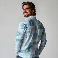 Hawaiian Quilt Tapa On Cold Blue Palaka Motifs Long Sleeve Polo Shirt
