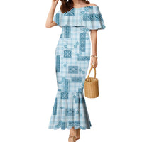 Hawaiian Quilt Tapa On Cold Blue Palaka Motifs Mermaid Dress