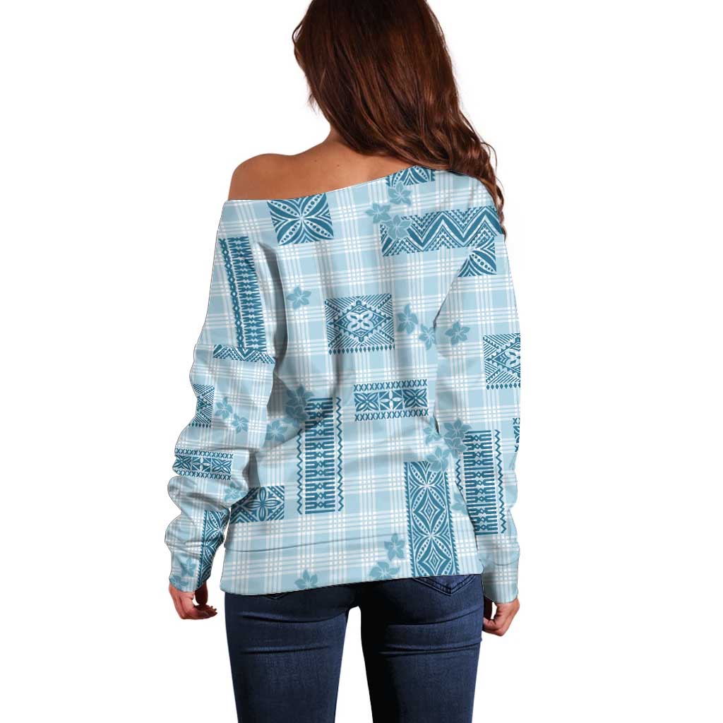 Hawaiian Quilt Tapa On Cold Blue Palaka Motifs Off Shoulder Sweater