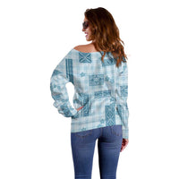 Hawaiian Quilt Tapa On Cold Blue Palaka Motifs Off Shoulder Sweater