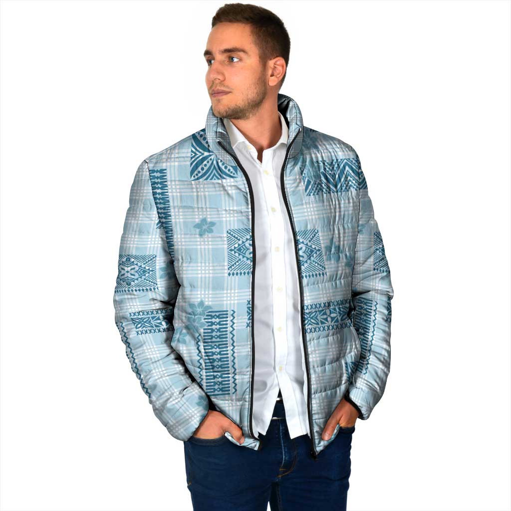 Hawaiian Quilt Tapa On Cold Blue Palaka Motifs Padded Jacket