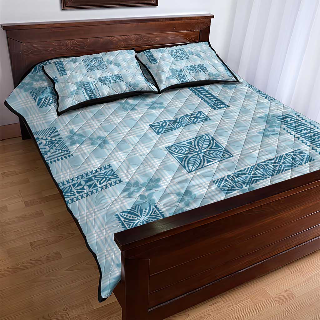 Hawaiian Quilt Tapa On Cold Blue Palaka Motifs Quilt Bed Set