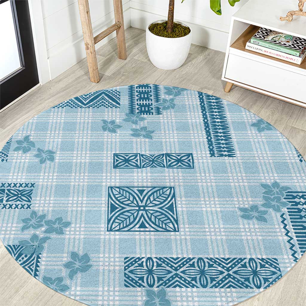 Hawaiian Quilt Tapa On Cold Blue Palaka Motifs Round Carpet