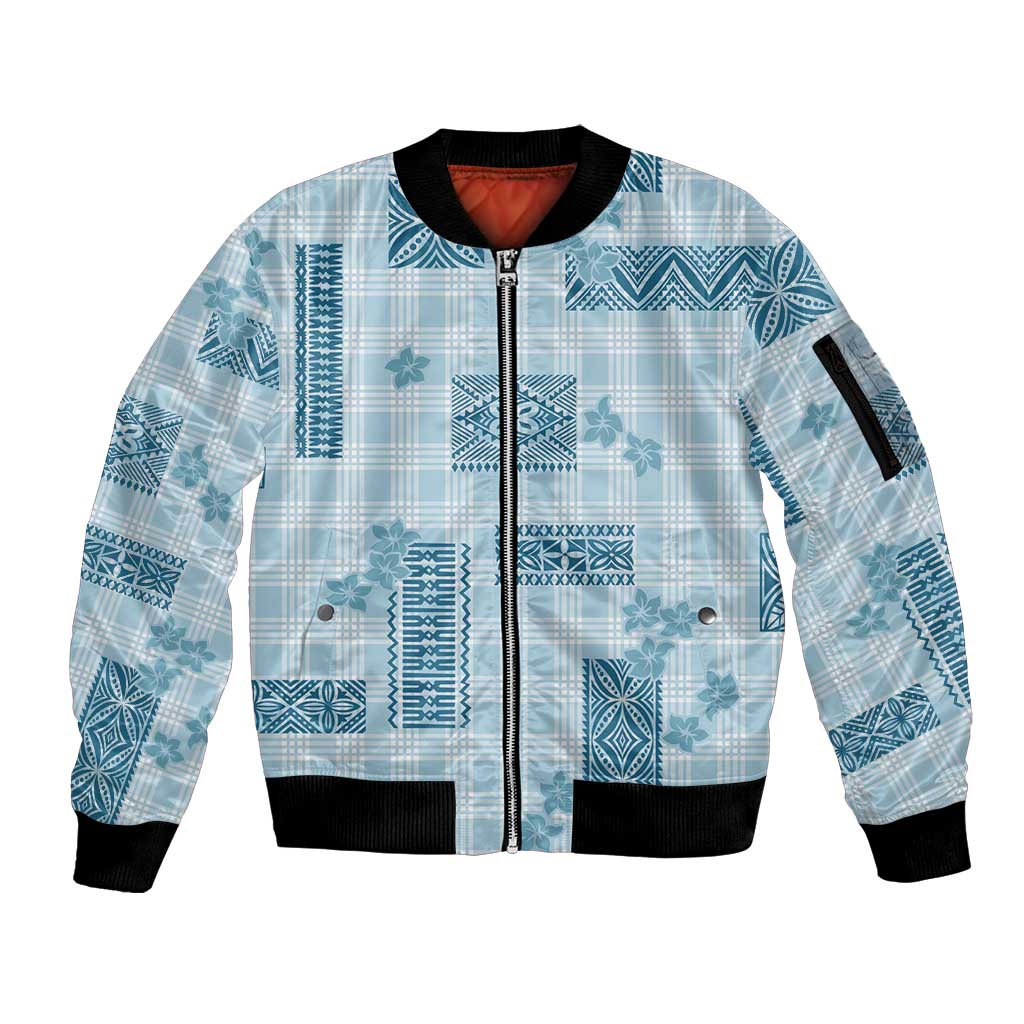 Hawaiian Quilt Tapa On Cold Blue Palaka Motifs Sleeve Zip Bomber Jacket