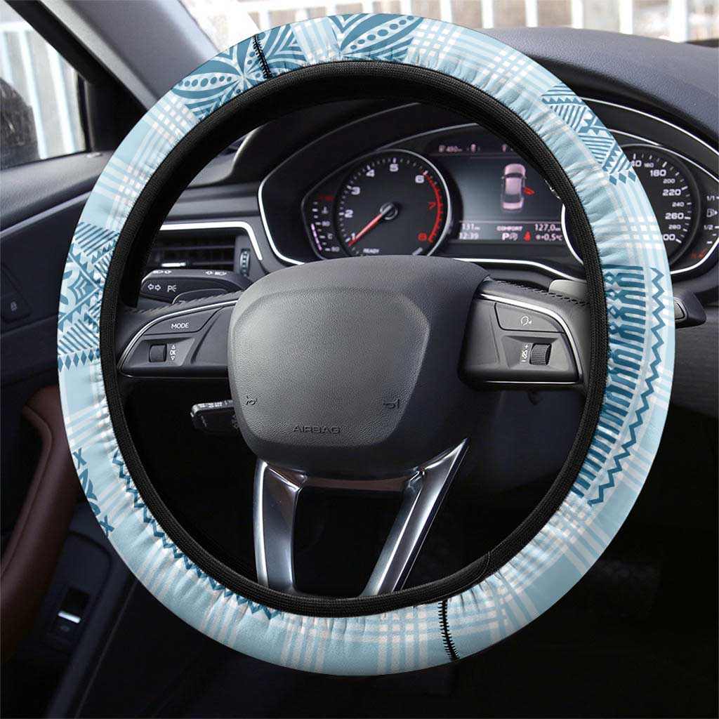 Hawaiian Quilt Tapa On Cold Blue Palaka Motifs Steering Wheel Cover