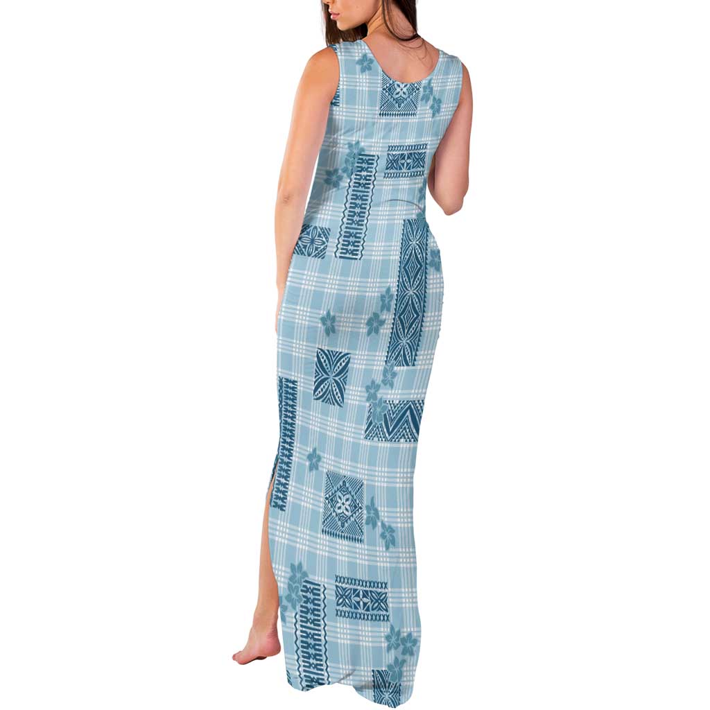 Hawaiian Quilt Tapa On Cold Blue Palaka Motifs Tank Maxi Dress