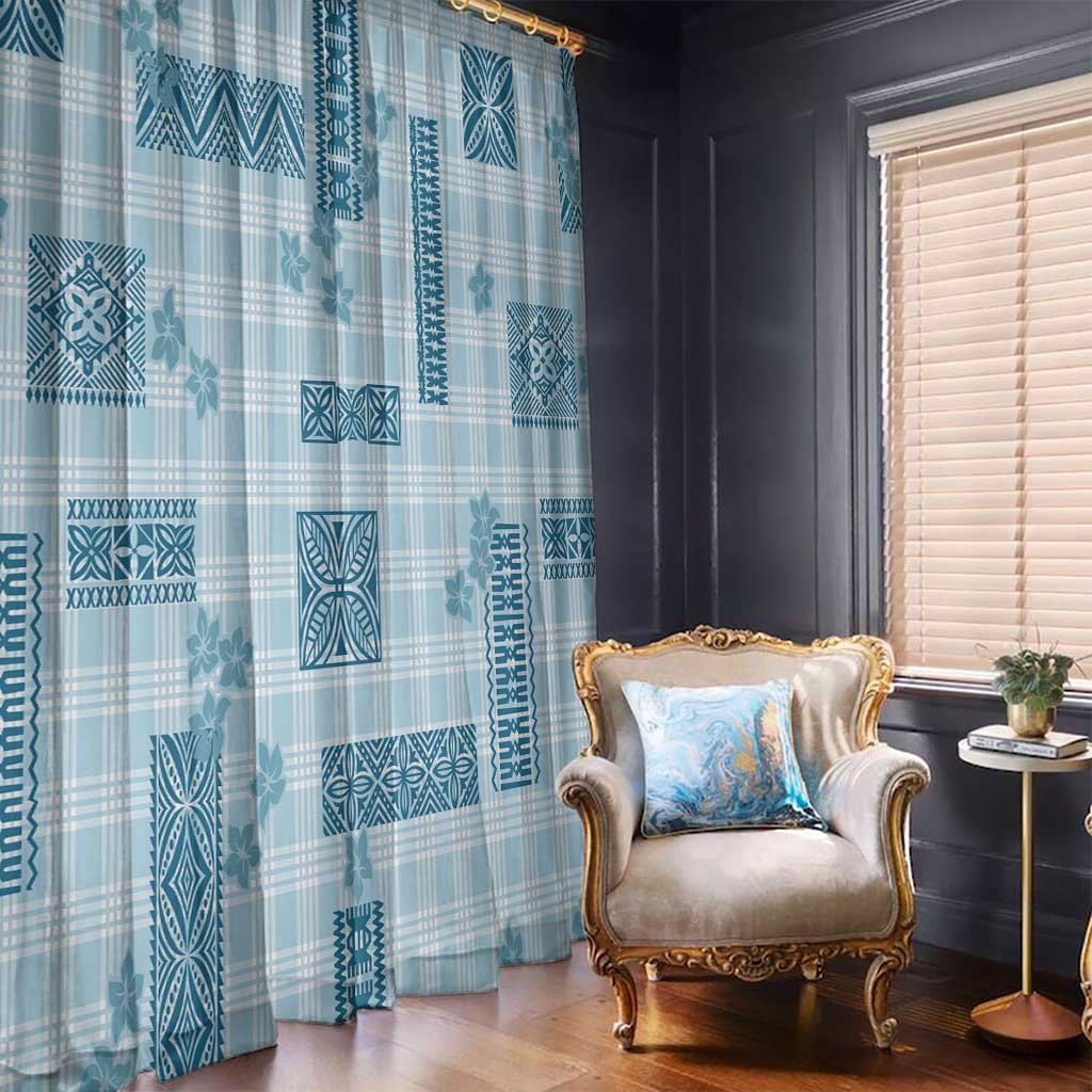 Hawaiian Quilt Tapa On Cold Blue Palaka Motifs Window Curtain