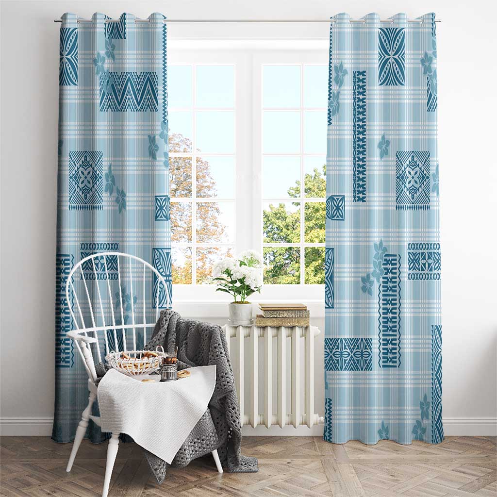 Hawaiian Quilt Tapa On Cold Blue Palaka Motifs Window Curtain