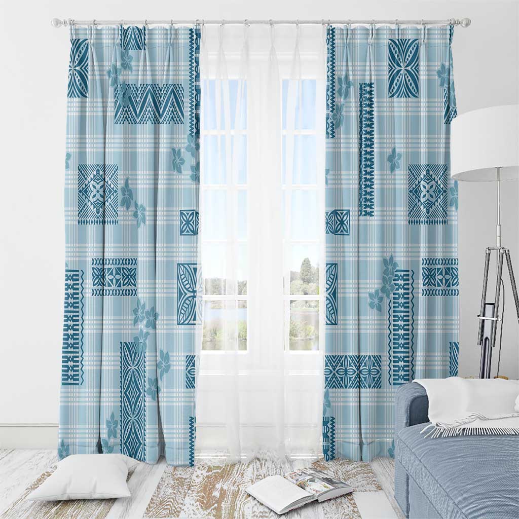 Hawaiian Quilt Tapa On Cold Blue Palaka Motifs Window Curtain