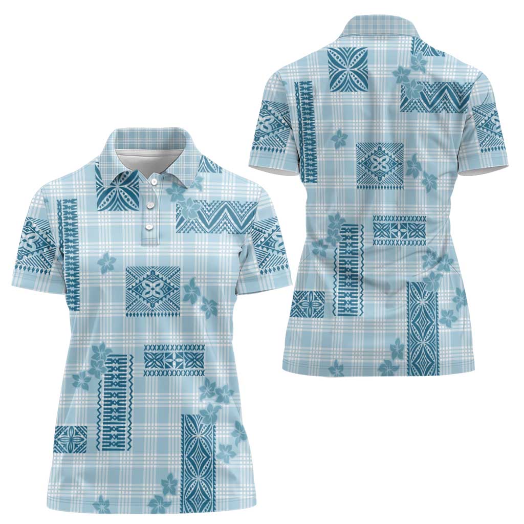 Hawaiian Quilt Tapa On Cold Blue Palaka Motifs Women Polo Shirt