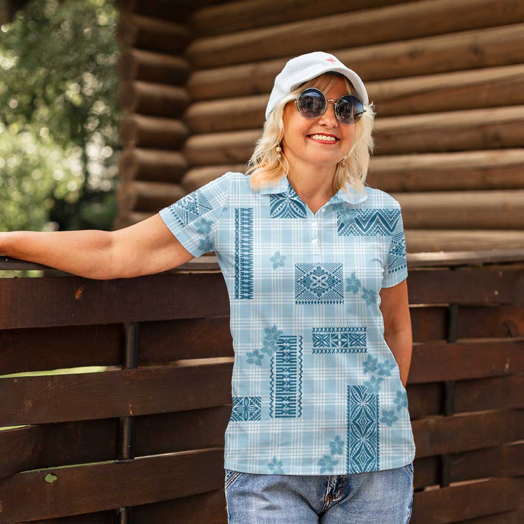 Hawaiian Quilt Tapa On Cold Blue Palaka Motifs Women Polo Shirt