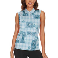 Hawaiian Quilt Tapa On Cold Blue Palaka Motifs Women Sleeveless Polo Shirt