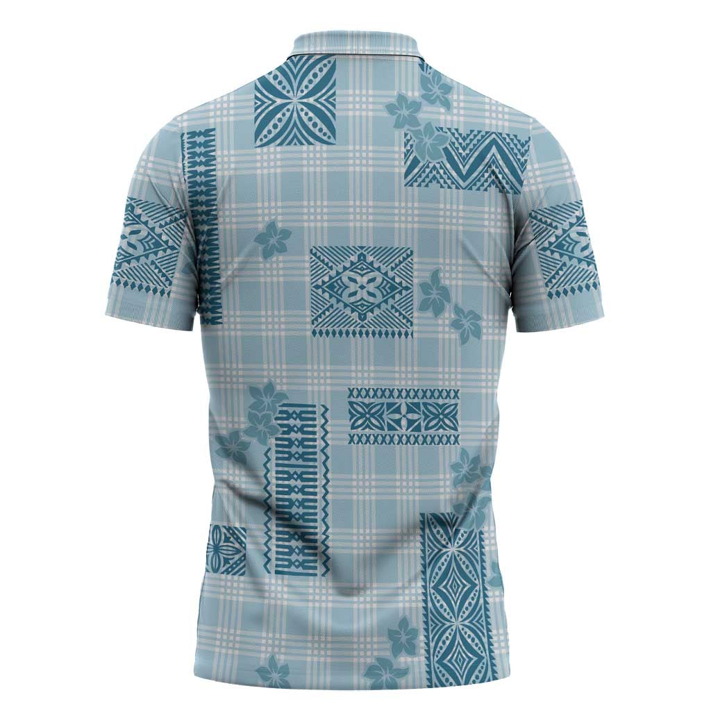 Hawaiian Quilt Tapa On Cold Blue Palaka Motifs Zipper Polo Shirt