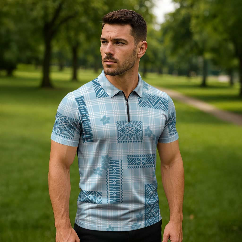Hawaiian Quilt Tapa On Cold Blue Palaka Motifs Zipper Polo Shirt