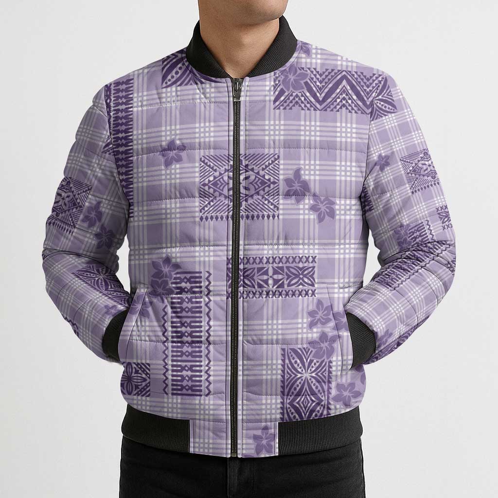 Hawaiian Quilt Tapa On Lilac Palaka Motifs Bomber Puffer Jacket