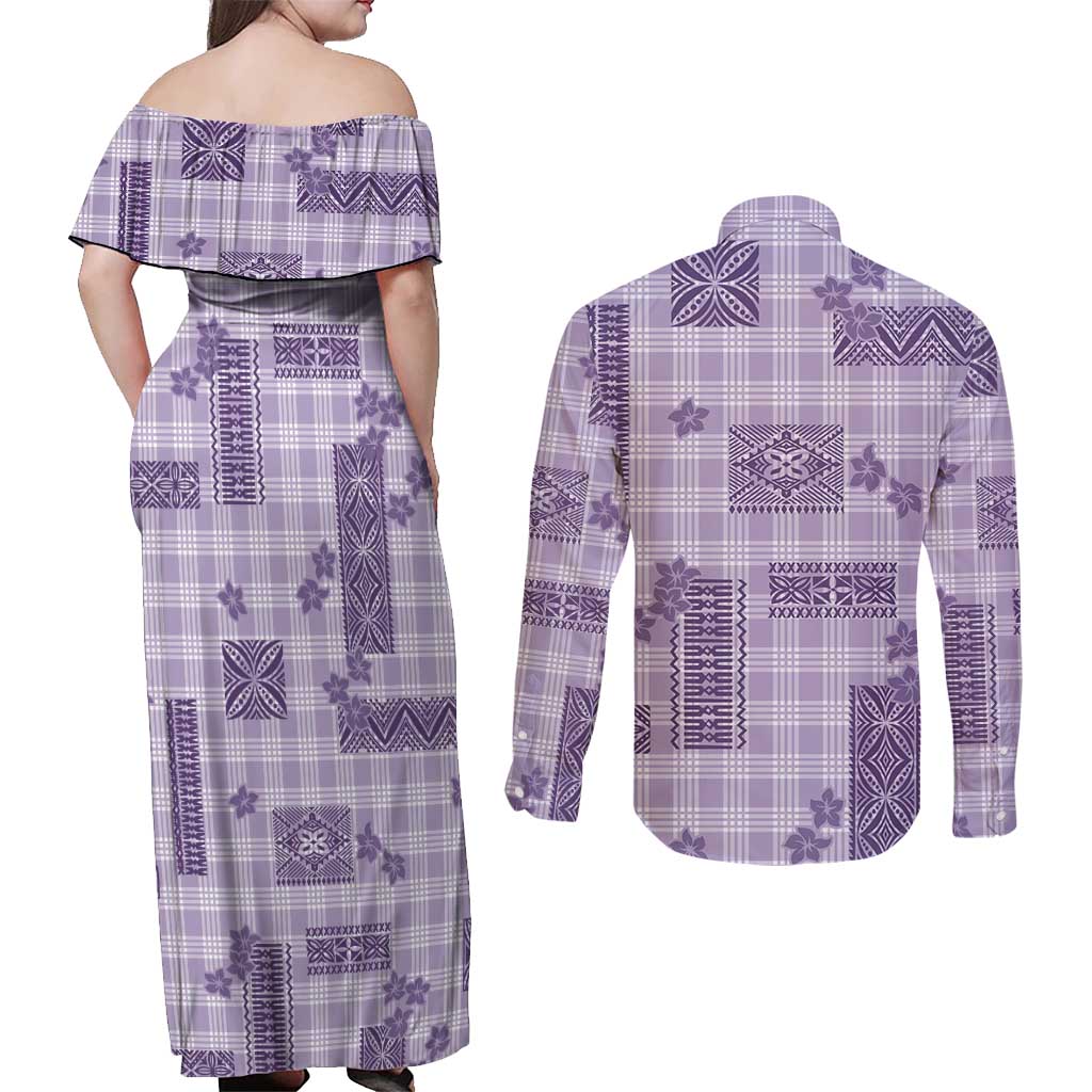 Hawaiian Quilt Tapa On Lilac Palaka Motifs Couples Matching Off Shoulder Maxi Dress and Long Sleeve Button Shirt