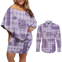Hawaiian Quilt Tapa On Lilac Palaka Motifs Couples Matching Off Shoulder Short Dress and Long Sleeve Button Shirt