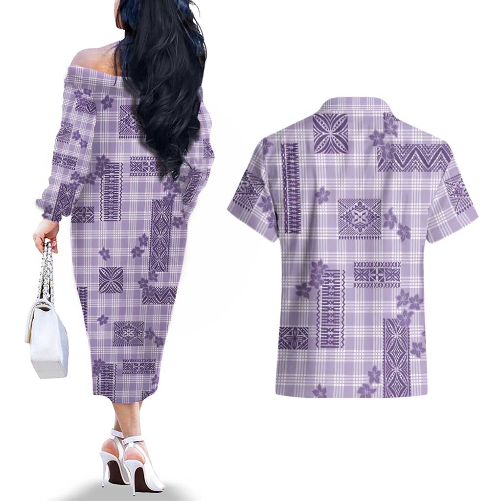 Hawaiian Quilt Tapa On Lilac Palaka Motifs Couples Matching Off The Shoulder Long Sleeve Dress and Hawaiian Shirt LT7 - Polynesian Pride