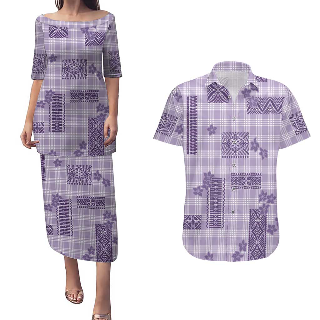 Hawaiian Quilt Tapa On Lilac Palaka Motifs Couples Matching Puletasi and Hawaiian Shirt