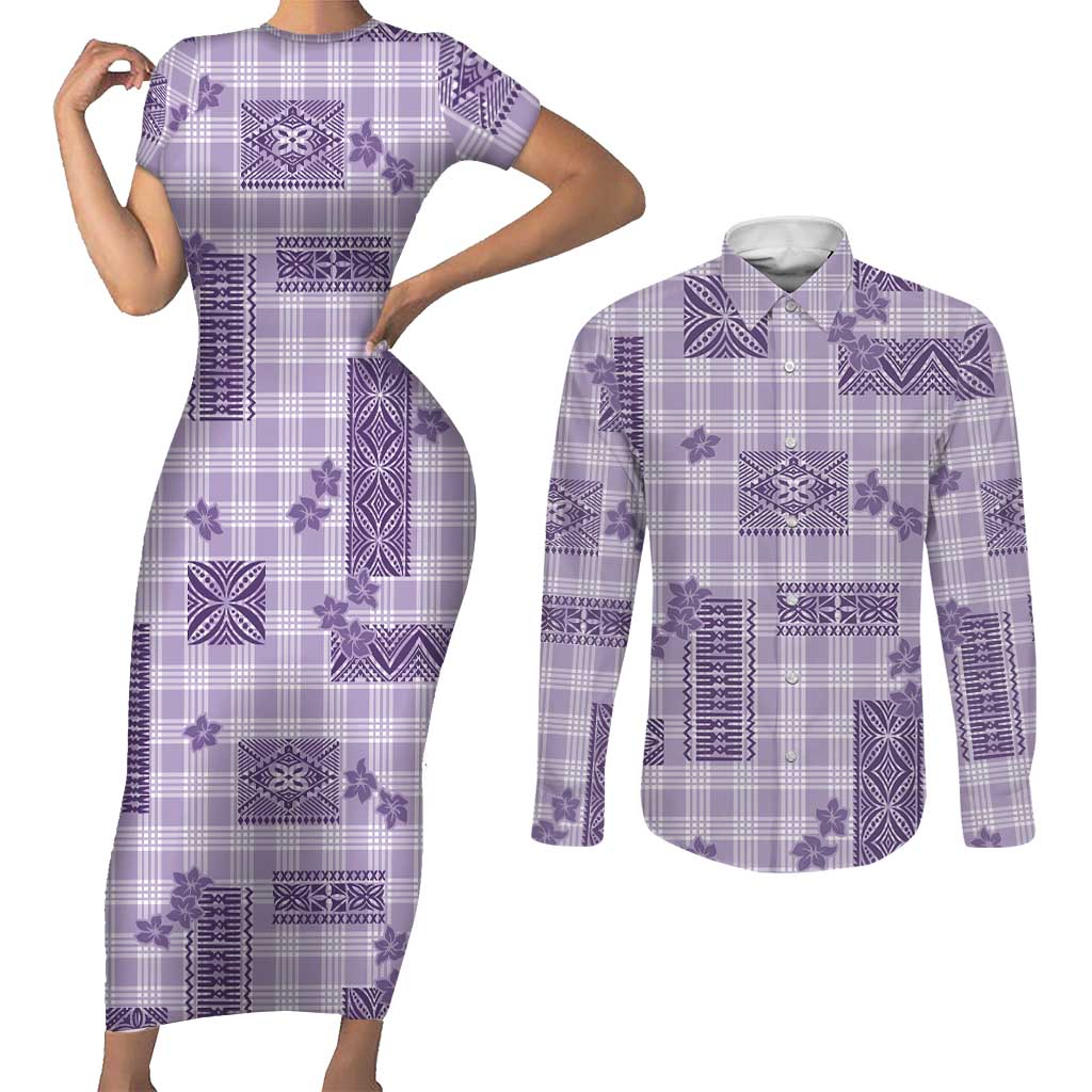 Hawaiian Quilt Tapa On Lilac Palaka Motifs Couples Matching Short Sleeve Bodycon Dress and Long Sleeve Button Shirt LT7 Lilac - Polynesian Pride