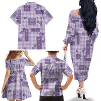 Hawaiian Quilt Tapa On Lilac Palaka Motifs Family Matching Off The Shoulder Long Sleeve Dress and Hawaiian Shirt LT7 - Polynesian Pride