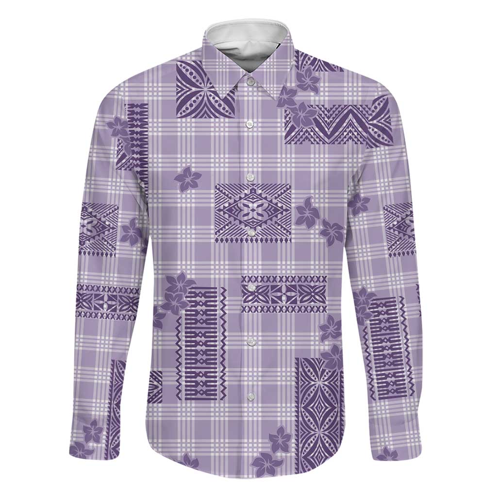 Hawaiian Quilt Tapa On Lilac Palaka Motifs Family Matching Off Shoulder Short Dress and Hawaiian Shirt LT7 Dad's Shirt - Long Sleeve Lilac - Polynesian Pride