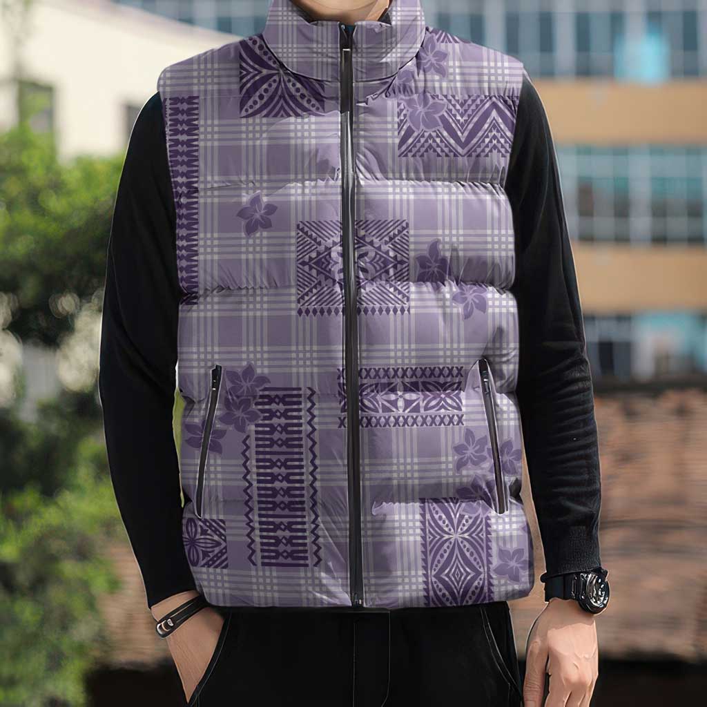 Hawaiian Quilt Tapa On Lilac Palaka Motifs Sleeveless Puffer Jacket